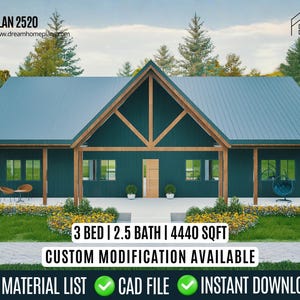Modern Farmhouse Plan: 3 Bed, 2.5 Bath, Ranch Style Modern Cottege House Blueprint (Digital Download)