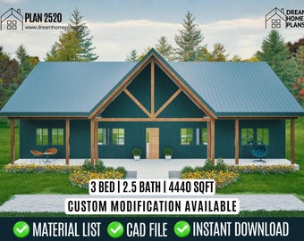 Modern Farmhouse Plan: 3 Bed, 2.5 Bath, Ranch Style Modern Cottege House Blueprint (Digital Download)