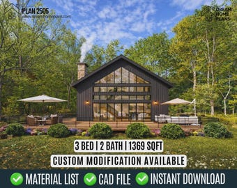 Modern Black Cabin House Plan 3 Bed 2 Bath | Custom House Architectural Drawings (Digital Download)