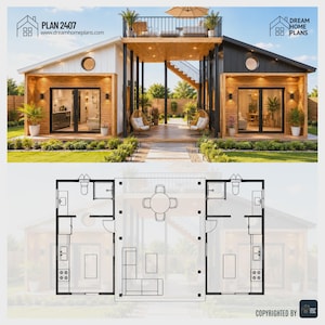 May include: A architectural rendering of a modern house design labeled PLAN 2407 by Dream Home Plans. The structure features two symmetrical units with white and black siding, wood accents, glass doors, and a central elevated deck with a staircase.