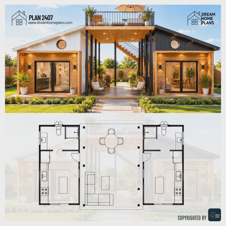 May include: A architectural rendering of a modern house design labeled PLAN 2407 by Dream Home Plans. The structure features two symmetrical units with white and black siding, wood accents, glass doors, and a central elevated deck with a staircase.