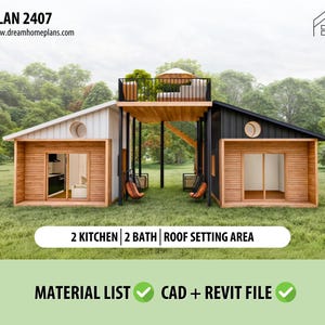 Huisplan met dubbele ankers, cottage-stijl, kleine hut op maat gemaakte kleine woning doe-het-zelfplannen, open woonkamer met open haard/eetplaats/dakomgeving