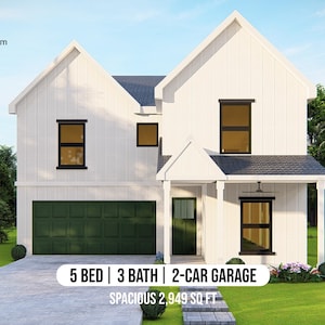 Spacious 5-Bedroom Home Plan with Master Suite, Open-Plan Living, 3 Baths, 2-Car Garage, Modern Design