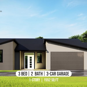 Landhaus Plan: 3-Schlafzimmer, Garage für 3 Autos (PDF Download)