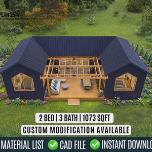 Modern Farmhouse Cottage House Plan: 2 Bed, 3 Bath (Digital Download)