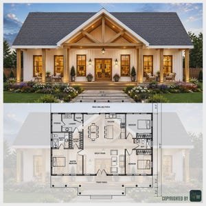 May include: A two-story white farmhouse with a gray roof and a front porch. The house has large windows and a wooden beam structure. Below is a detailed floor plan with room layouts, including bedrooms, a kitchen, and a great room.