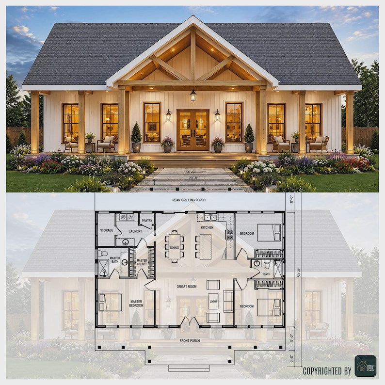 May include: A two-story white farmhouse with a gray roof and a front porch. The house has large windows and a wooden beam structure. Below is a detailed floor plan with room layouts, including bedrooms, a kitchen, and a great room.