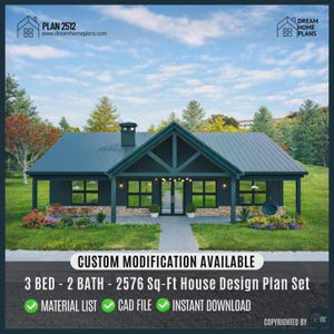 Casa in stile ranch artigianale di 2576 piedi quadrati / Progetti di case personalizzate / Planimetrie architettoniche di cottage (Download digitale)