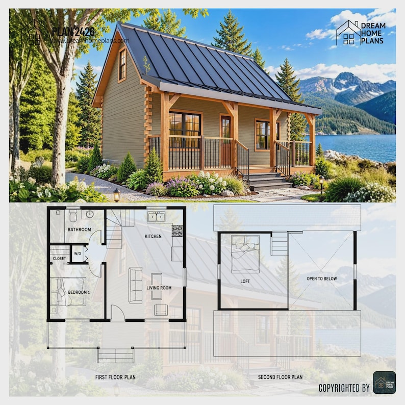 20' X 26' Modern Cabin House Plans With Loft - 520 SF Tiny Cottage ...