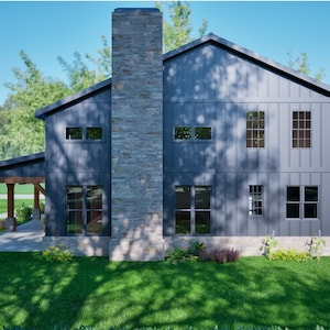 May include: A modern farmhouse style home with a dark gray exterior and a stone chimney. The home has a covered porch with wooden beams and a large yard with green grass.