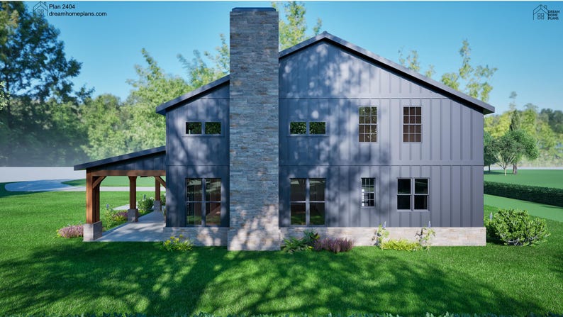May include: A modern farmhouse style home with a dark gray exterior and a stone chimney. The home has a covered porch with wooden beams and a large yard with green grass.