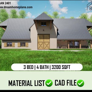 Modern Barndominium  Plans | Architectural Floor Plans, 3 Bedroom 4 Bath with Porch, 3200 sq ft. Rustic Charm Modern Design for Barn House