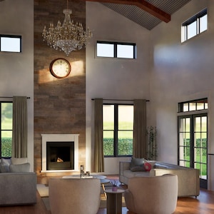 May include: A large living room with high ceilings and a fireplace. The room has large windows, a chandelier, and several couches. The fireplace is made of stone and has a white mantel.