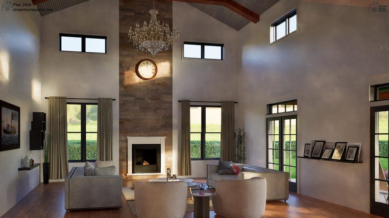 May include: A large living room with high ceilings and a fireplace. The room has large windows, a chandelier, and several couches. The fireplace is made of stone and has a white mantel.