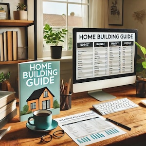 May include: A home building guide book with a cartoon illustration of a house on the cover. The book is on a wooden table next to a computer monitor displaying a spreadsheet titled "Home Building Guide".