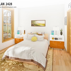 May include: Bedroom interior with a bed, two nightstands, and a window. The bed has a striped comforter and decorative pillows. Nightstands have lamps and drawers. A rug covers the floor. The room is painted white.