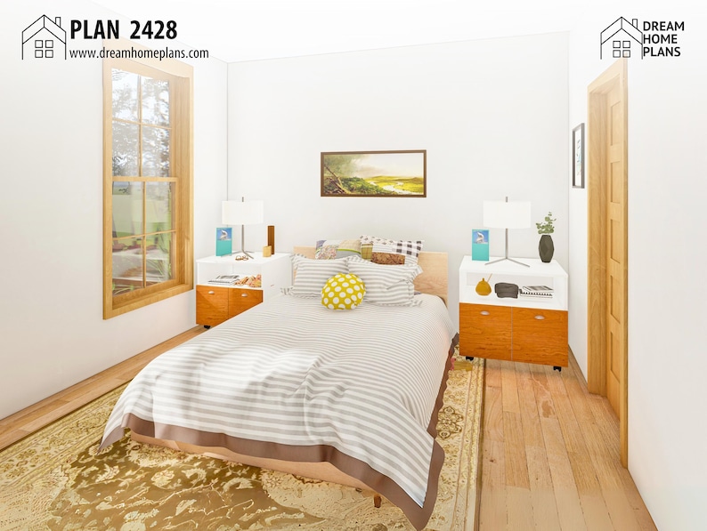 May include: Bedroom interior with a bed, two nightstands, and a window. The bed has a striped comforter and decorative pillows. Nightstands have lamps and drawers. A rug covers the floor. The room is painted white.