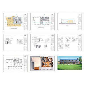 May include: Architectural blueprints for a house with a modern farmhouse style. The blueprints include floor plans, elevations, and details of the house's construction. The image also includes a 3D rendering of the house.