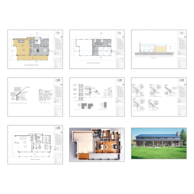 May include: Architectural blueprints for a house with a modern farmhouse style. The blueprints include floor plans, elevations, and details of the house's construction. The image also includes a 3D rendering of the house.
