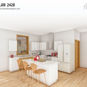 May include: A modern kitchen design with white cabinetry, a central island with seating, and stainless steel appliances. The room features a light wood floor, a window, and the text "PLAN 2428" and "www.dreamhomeplans.com".