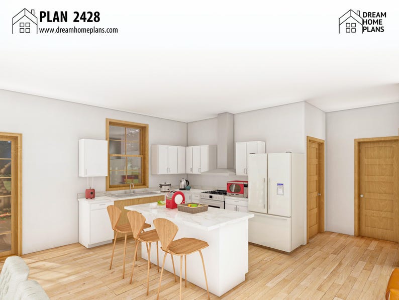 May include: A modern kitchen design with white cabinetry, a central island with seating, and stainless steel appliances. The room features a light wood floor, a window, and the text "PLAN 2428" and "www.dreamhomeplans.com".