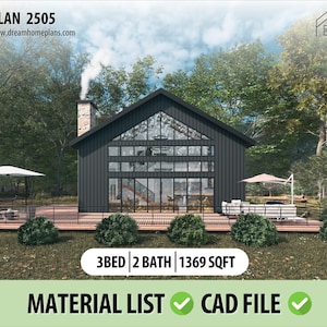Modern zwart huisje: 37 x 37 inch | Klein huisontwerp | Rustieke hutplannen pdf | 3 slaapkamers, 2 badkamers, volledige architecturale tekeningen