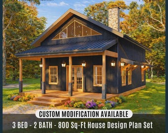 Small Modern Cabin House Plans with Loft |  3 Bed, 2 Bath, 800 Sq-Ft (Digital Download)