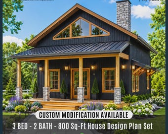 Tiny Cabin House Plans with Loft | 800 Sq-Ft Small Modern Custom House Plans |  3 Bed, 2 Bath (Digital Download)