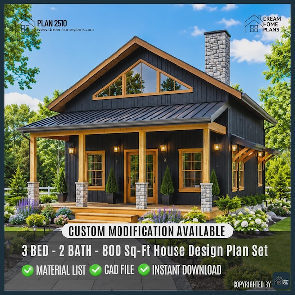 Planos de minicasas tipo cabaña con altillo / Planos de casas pequeñas modernas y personalizadas de 800 pies cuadrados / 3 habitaciones, 2 baños (Descarga digital)