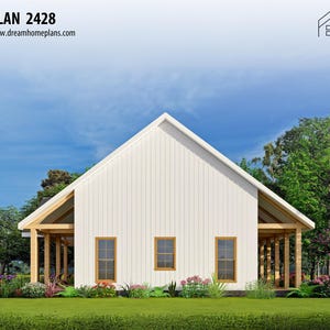 May include: Architectural rendering of a modern farmhouse. The house features a white exterior with a gabled roof and a covered porch supported by wooden beams. Three windows are visible. The text "PLAN 2428" and "www.dreamhomeplans.com" are at the top.