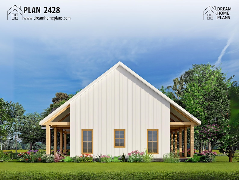 May include: Architectural rendering of a modern farmhouse. The house features a white exterior with a gabled roof and a covered porch supported by wooden beams. Three windows are visible. The text "PLAN 2428" and "www.dreamhomeplans.com" are at the top.