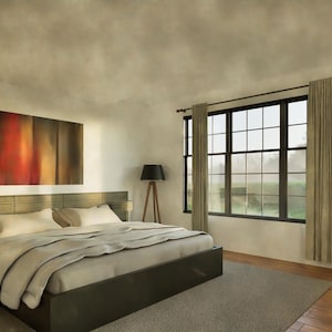 May include: A bedroom with a large window, a bed with white linens, and a wooden headboard. There is a painting on the wall above the headboard and a lamp on a stand next to the bed.
