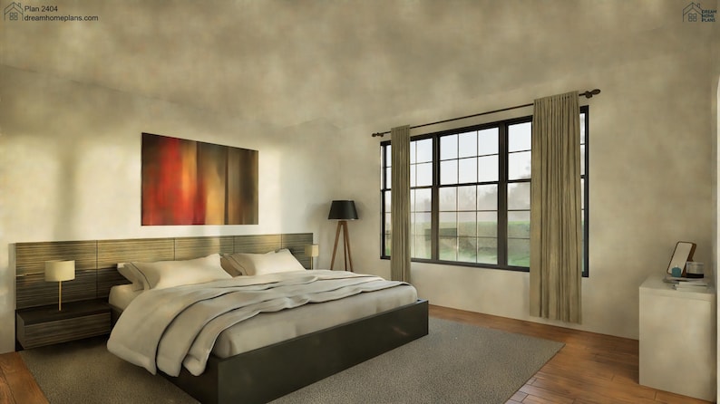 May include: A bedroom with a large window, a bed with white linens, and a wooden headboard. There is a painting on the wall above the headboard and a lamp on a stand next to the bed.