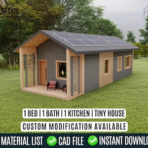 Plano de minicasa moderna / Plano de cabaña de 1 dormitorio y 1 baño (descarga digital)