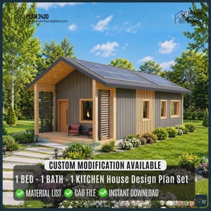 Plan de mini-maison moderne | Plan d'une cabane avec 1 chambre, 1 salle de bain et 1 cuisine (Téléchargement numérique)