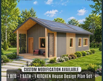 Plano de minicasa moderna / Cabaña de 1 dormitorio, 1 baño y 1 cocina (Descarga digital)