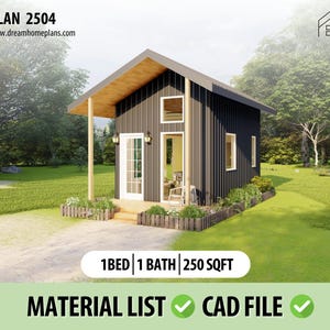 Modern Tiny Cabin House Plans 250 SQFT| 1 Bed  1 Bath Tiny House DIY Plan with Covered Porch |   Budget-Friendly Small Cabin House  Plans