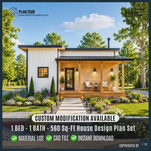May include: A one-story house design plan set for a 560 sq-ft home with 1 bed and 1 bath. The exterior features white vertical siding, a dark roof, and a wooden front porch with two chairs. Text includes PLAN 2509 and CUSTOM MODIFICATION AVAILABLE.
