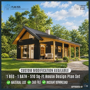Plano de minicasa moderna / Cabaña de 1 dormitorio y 1 baño (Descarga digital)