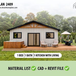 Kleine hut loft DIY-plannen - 24'x14' Tiny House blauwdruk pdf | Gezellige moderne cottage | Open plattegrond | Architectonische plannen en kleine woning