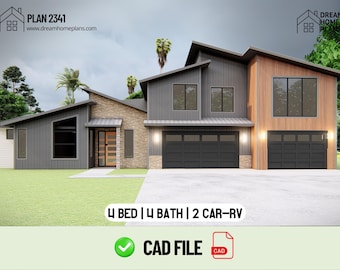 Modern 4-Bedroom House Plan with RV Garage , Open Floor Plan, Private Bathrooms, Loft, and Spacious 2-Story Design