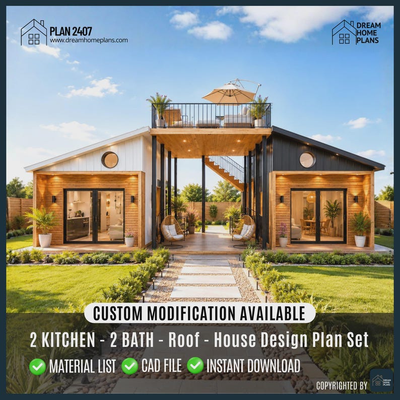 This Modern Cottage and Small Cabin design Designed as a compact yet highly functional space, this 20' x 12' cottage house plan offers approximately 125 square feet of living area , making it an ideal choice for those searching for a tiny house DIY plan or small cabin plans. This thoughtfully designed layout features 2 private living zones with bathrooms and a shared central deck/living space, creating a unique and flexible setup for guests, rental use, or a cozy retreat.