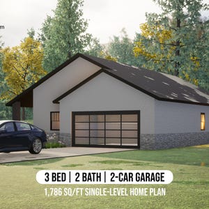 May include: A rendering of a single-story house plan with a two-car garage. The house is white with a black roof and a stone facade. A black car is parked in the driveway. The text on the image reads: "Plan 2331 dreamhomeplans.com 3 BED | 2 BATH | 2-CAR GARAGE 1,786 SQ/FT SINGLE-LEVEL HOME PLAN"