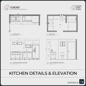 May include: A technical architectural drawing labeled PLAN 2407 by Dream Home Plans, featuring a kitchen floor plan, a bathroom floor plan, and corresponding interior elevations with imperial measurements and labels for kitchen details and elevation.