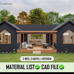 Modern huis, Tiny Cottage van 800 vierkante voet, plattegronden cottage, architectonische plannen, ranchhuis, 2 slaapkamers, 3 badkamers, 1 keuken, veranda
