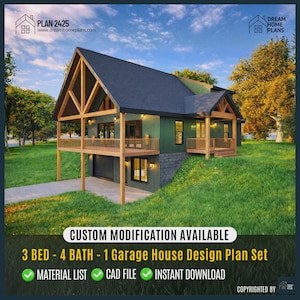Puede incluir: Un conjunto de planos de diseño de casas con un exterior verde y un tejado gris oscuro. La casa tiene un porche de madera y un garaje. El texto de la imagen dice "3 HABITACIONES - 4 BAÑOS - 1 Juego de planos de diseño de casas con garaje".