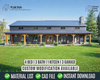 Plano de casa de campo moderna con 4 dormitorios, 3 baños y medio y garaje para 3 autos (descarga digital)