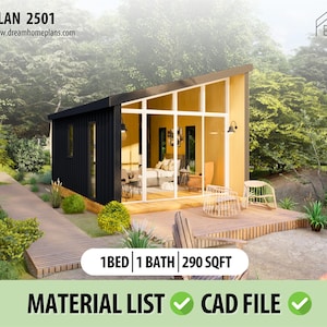 Plattegronden voor kleine huisjes, 1 slaapkamer en 1 badkamer, 1 keuken, moderne glazen huisjesplattegronden, moderne hut DIY-plan met elegant ontwerp