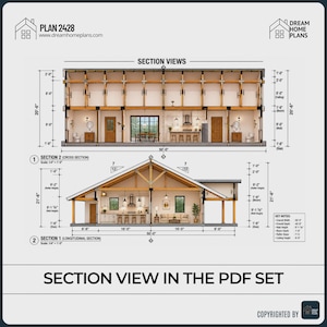 May include: Architectural blueprints of a two-story house, labeled as Plan 2428, with section views. The cross-section shows interior details, including a kitchen and bathroom. The longitudinal section reveals the house's layout. Measurements are in feet and inches.