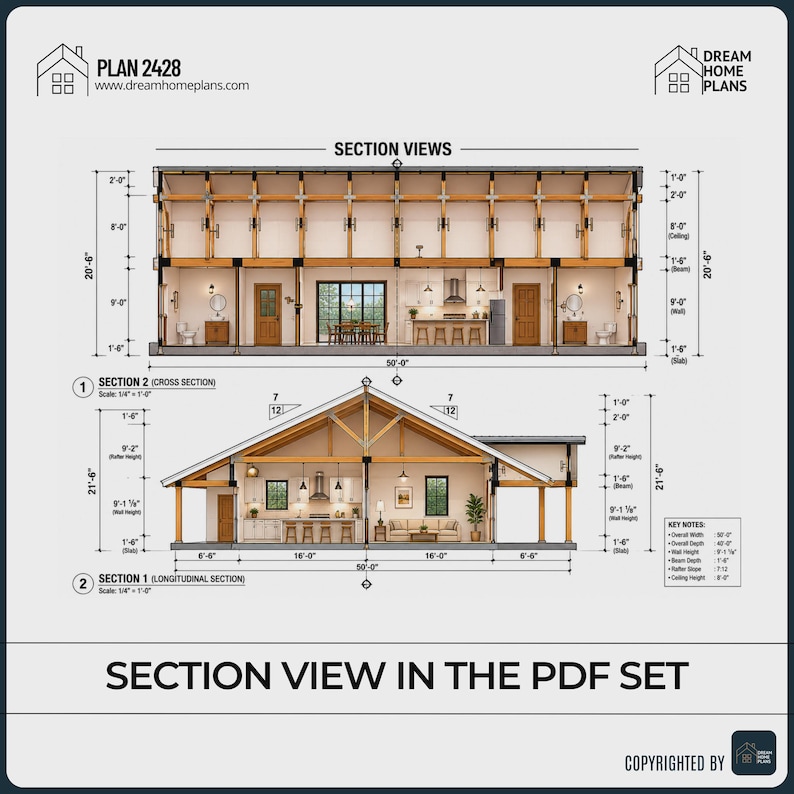 May include: Architectural blueprints of a two-story house, labeled as Plan 2428, with section views. The cross-section shows interior details, including a kitchen and bathroom. The longitudinal section reveals the house's layout. Measurements are in feet and inches.